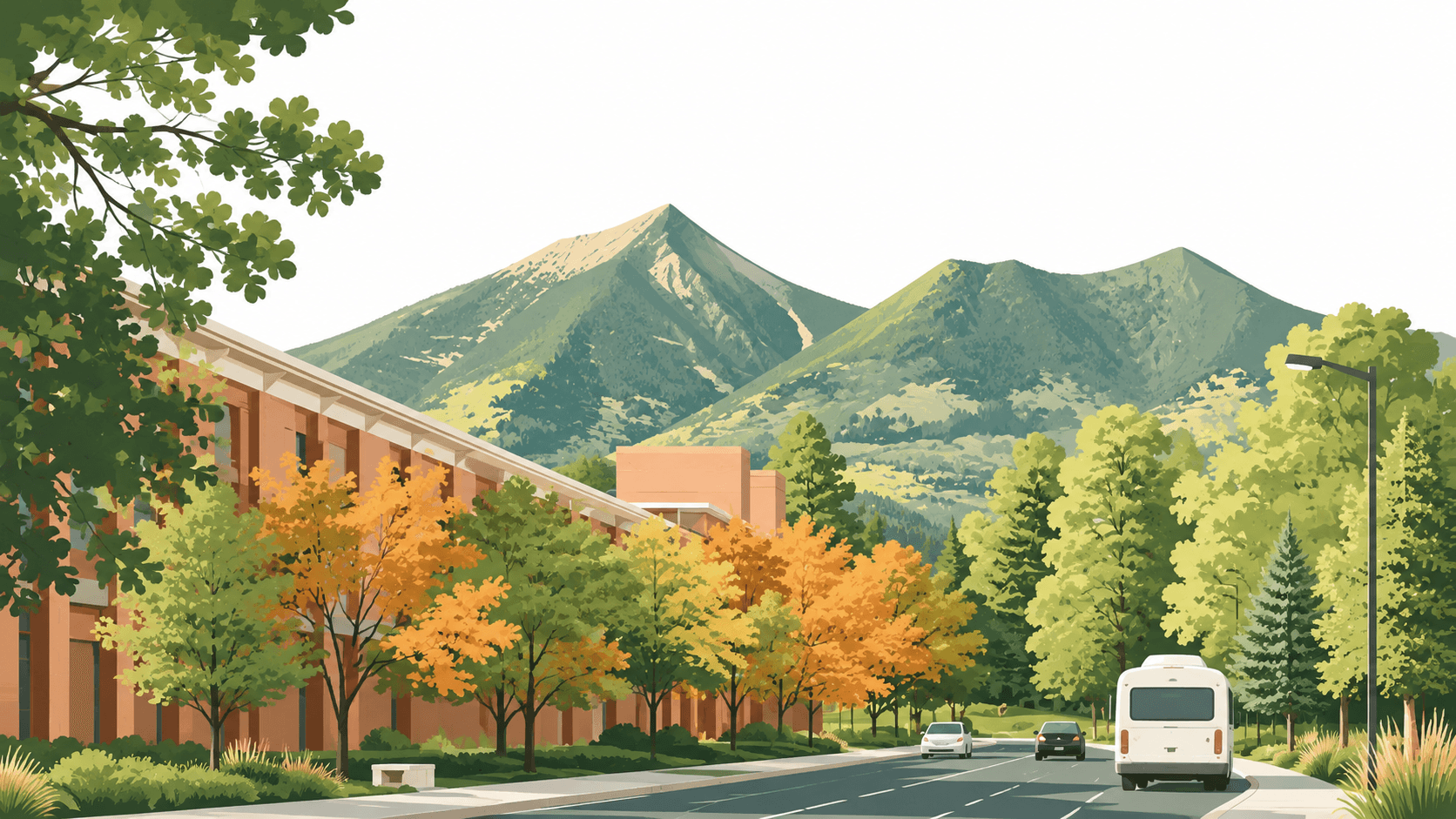 A tree-lined campus beneath the mountains