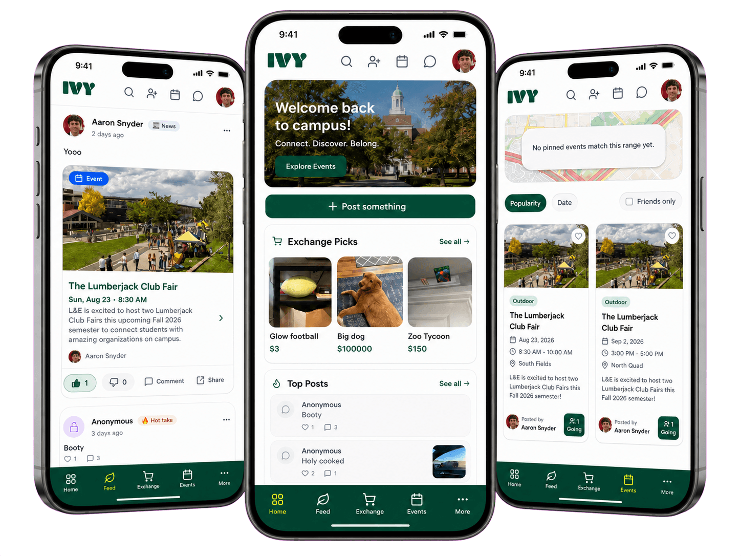 IVY campus feed, home, and events screens